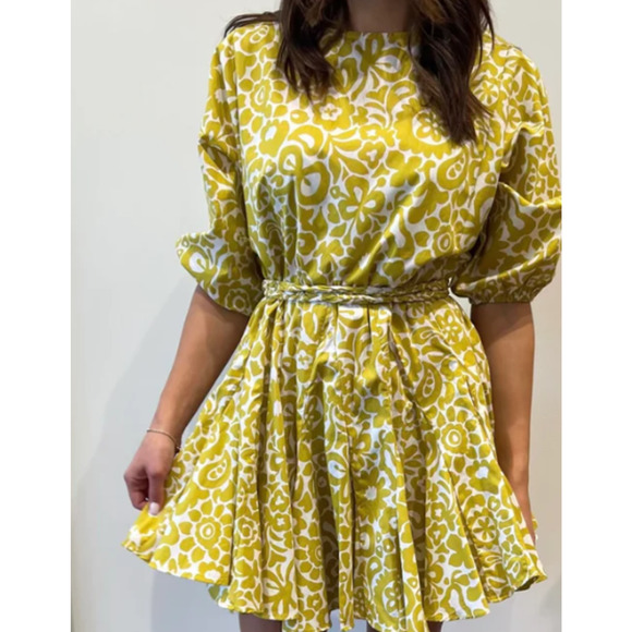 AAKAA SZ S Green 3/4 Puff Sleeve Floral  Cotton Belted Mini Dress NWT B161 - Picture 2 of 7